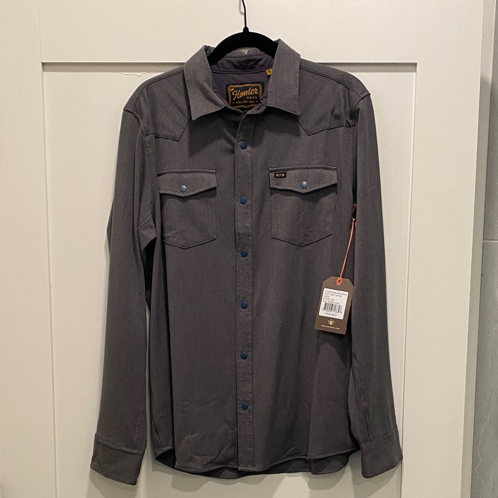 Holler Brothers men’s stockman stretch. Snap shirt in varsity Heather.